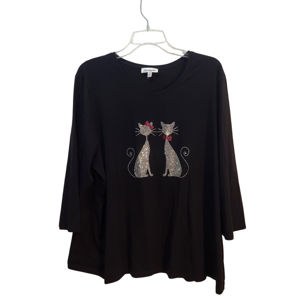 Serengeti Black 2X Plus Size Shirt 3/4 Sleeve Two Glitter Cats Rhinestone Bows
